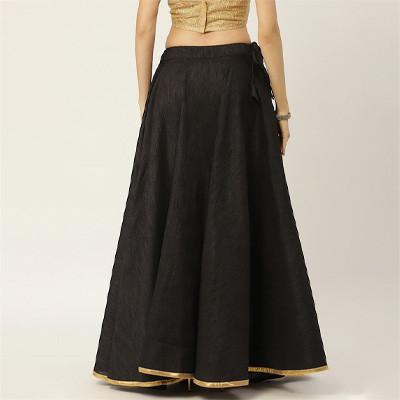 Women Black Solid Full Flare Double Lehenga Skirt