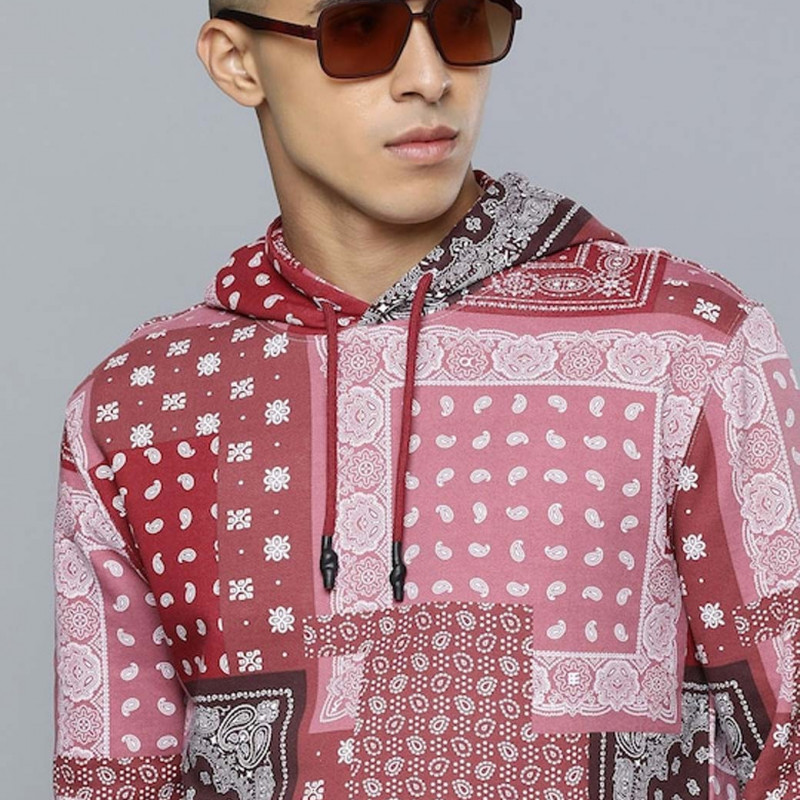 Men Red & Pink Printed Pure Cotton Hooded Sweatshirt