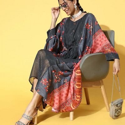 Women Charcoal Muslin Striped & Printed Dress