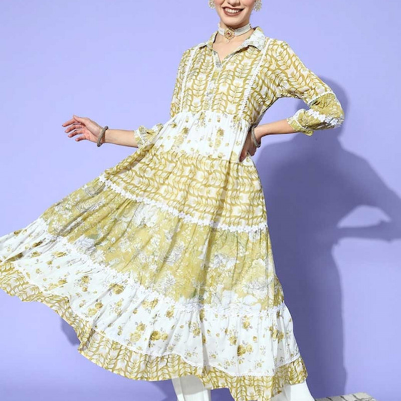Women Elegant Olive Cotton Volume Kurta