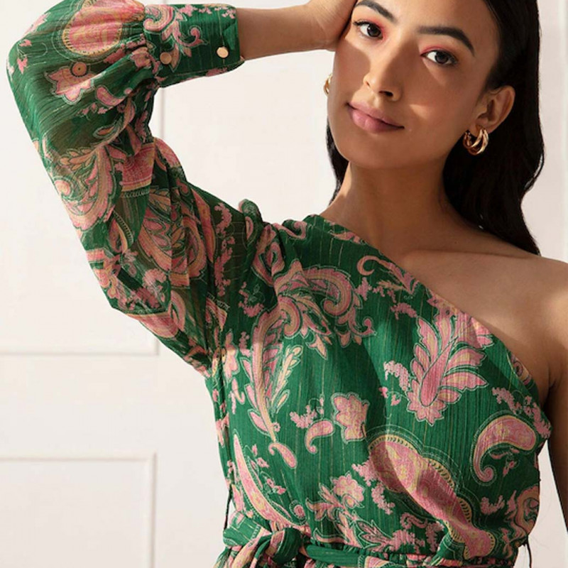 Green & Pink Floral One Shoulder Dress