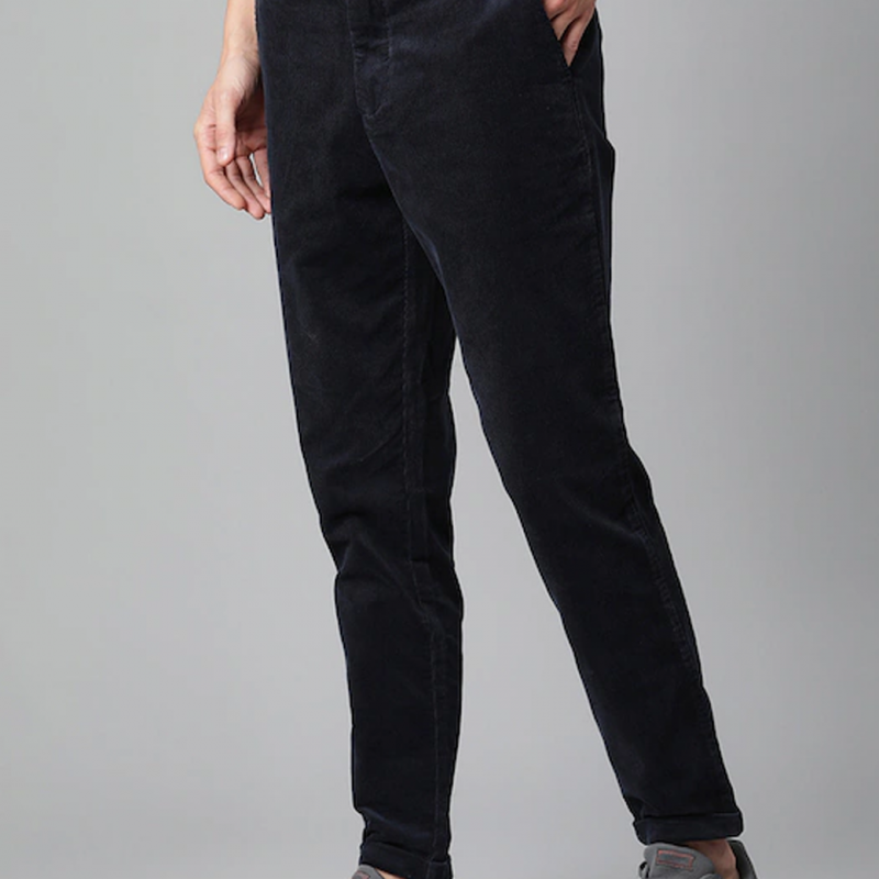 Men Navy Blue Mid Rise Trousers