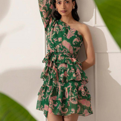 Green & Pink Floral One Shoulder Dress