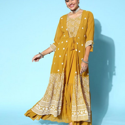 Women Bright Mustard Yellow Georgette Embroidery Party Wear Gown