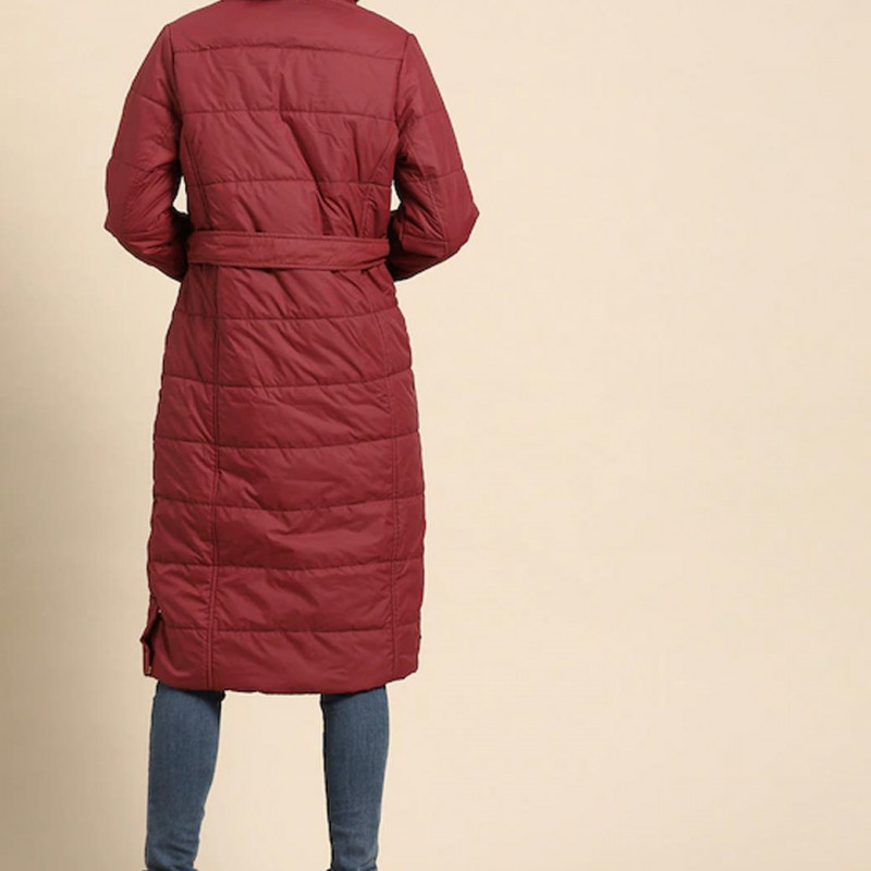 Women Maroon Longline Hooded Jacket with Belt