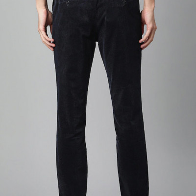 Men Navy Blue Mid Rise Trousers