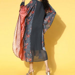 Women Charcoal Muslin Striped & Printed Dress